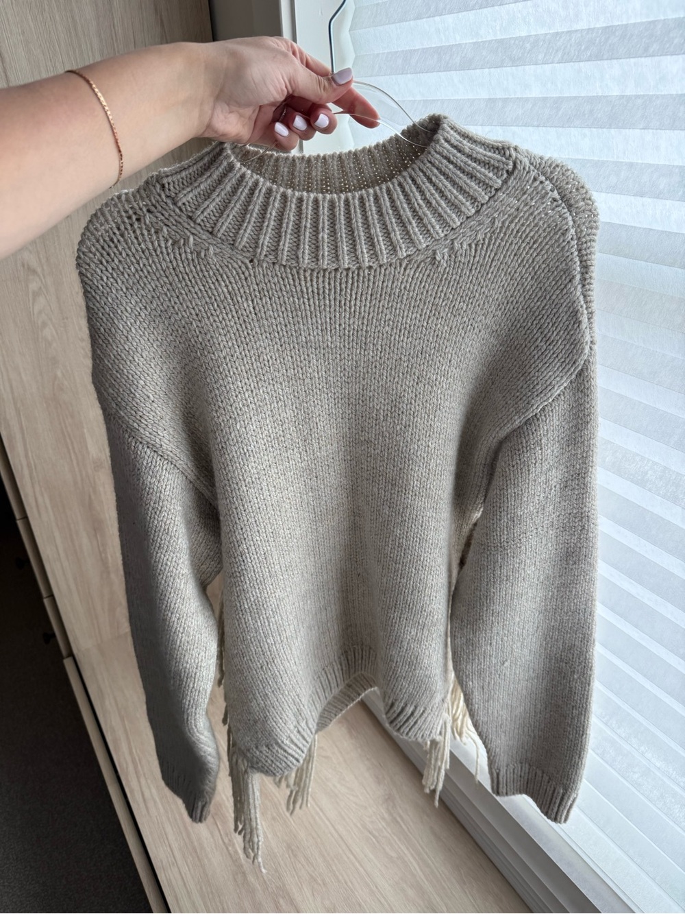 Zara Fringe Hem Crewneck Sweater - Beige